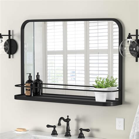 Large Bathroom Mirror with Shelf, Matte Black Modern Farmhouse Bathroom ...