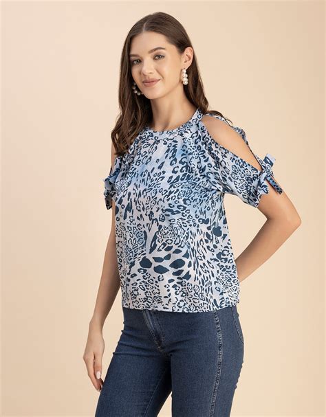 Cold Shoulder Band Collar Short Sleeve Printed Top - Moomaya