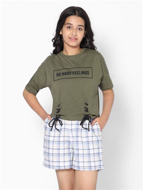 Girls Crop Top, T-shirt- No Hard Feelings -Olive | TeenTrums