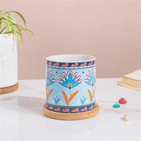 Cerulean Bloom Botanical Planter With Wooden Coaster Online - Premium ...