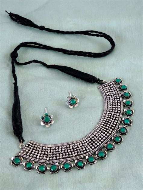 Elegant Oxidised Silver Boho Crystal Jewellery Set | Choker Necklace ...
