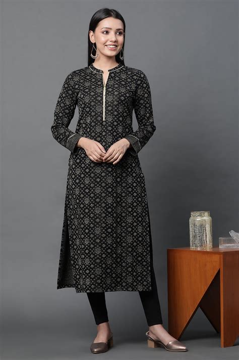 Buy Black Jacquard Festive Winter Kurta and Tights Set Online for Woman ...