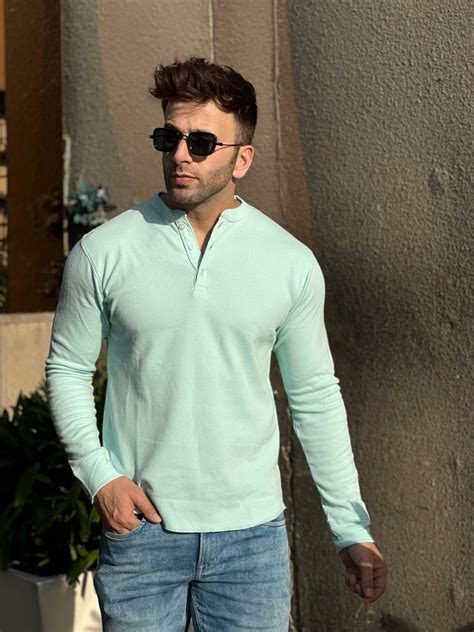 Gritstones Light Blue Self Waffle Knit Henley T-Shirt