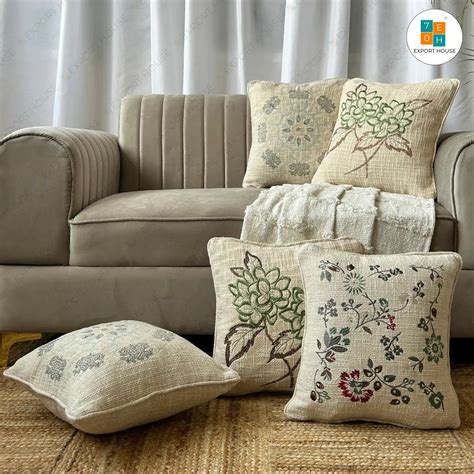 Cotton Embroidered Cushion Cover - Premium Set of 5, Size:40cm X 40cm ...