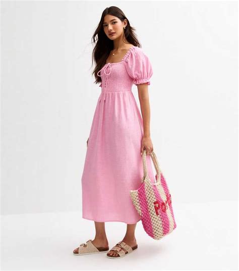 Pink Tie Front Shirred Midi Dress | New Look
