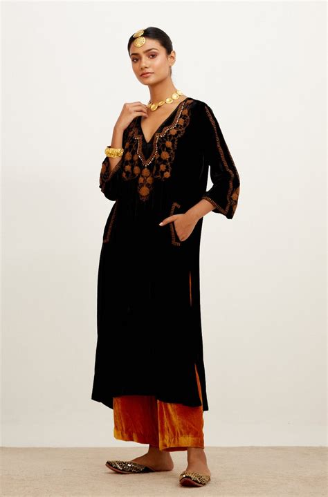 Devnaagri - Black and Mustard Zari Embroidered Velvet Kurta Set