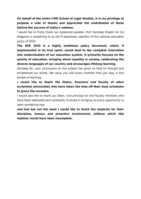 VOTE OF Thanks - relavant - On behalf of the entire CMR School of Legal ...
