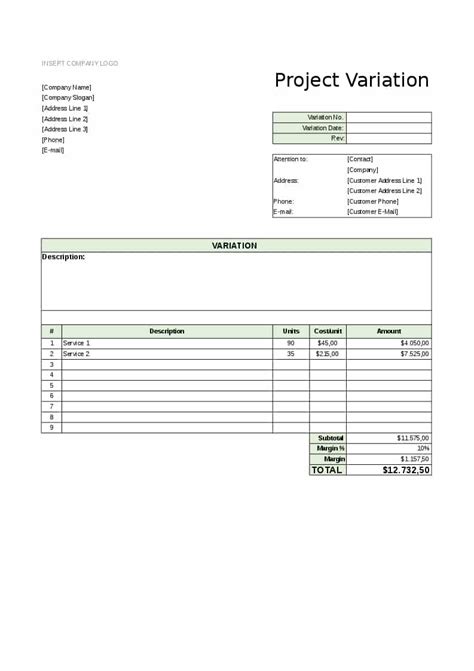 Image result for Variation Breakdown Sheet