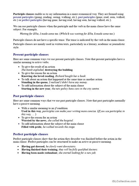 Image result for Participle Clauses Exercises