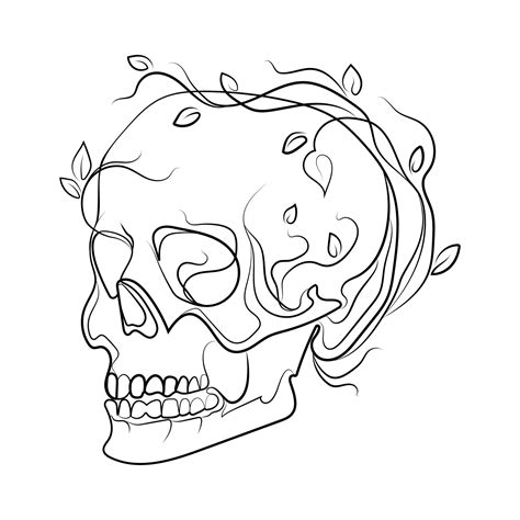 Skull with growing flowers,leaves and plants Line art drawing,Abstract ...