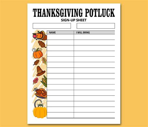 Thanksgiving Potluck Sign Up Sheet Template Thanksgiving Potluck Sign