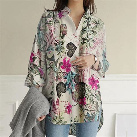 Dolkfu Long Sleeve Womens Tees Purple V Neck Hawaiin Printed Comfy ...