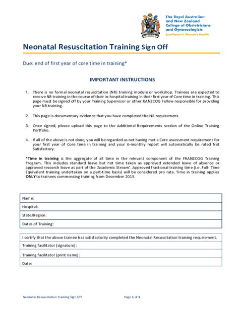 Fillable Online ranzcog edu Neonatal Resuscitation Training Sign-Off ...