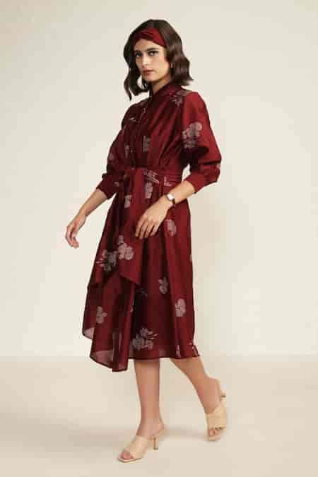 Buy Burgundy Silk, Chanderi Embroidery Collared Abstract Print Midi ...