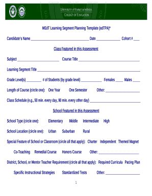 MEdT Learning Segment Planning Template (edTPA)* Doc Template | pdfFiller