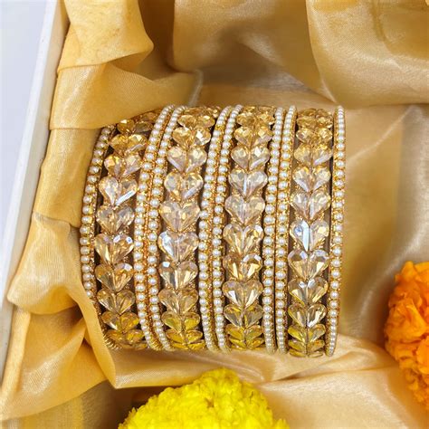 Wedding Chuda Gold Plated Crystal Stone And Pearl Bangles Set ...