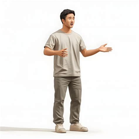 A man in a grey shirt is standing in front of a white background ...