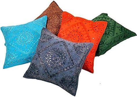 Buy Little India Mirror Embroidery Hand Work Cotton 5 Piece Cushion ...