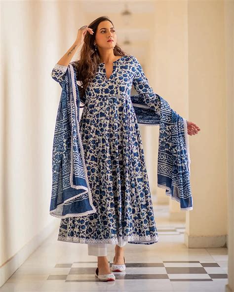 MEERA FAB Women's Cotton Printed Anarkali Kurta with Palazzo & Dupatta