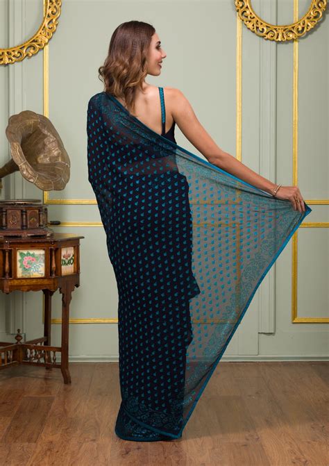 Buy Navy Blue Swarovski Georgette Saree - Koskii