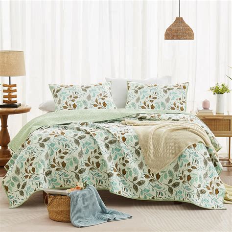 WRENSONGE King Quilt Set, 3 Pieces Green Leaf Summer Reversible Quilt ...