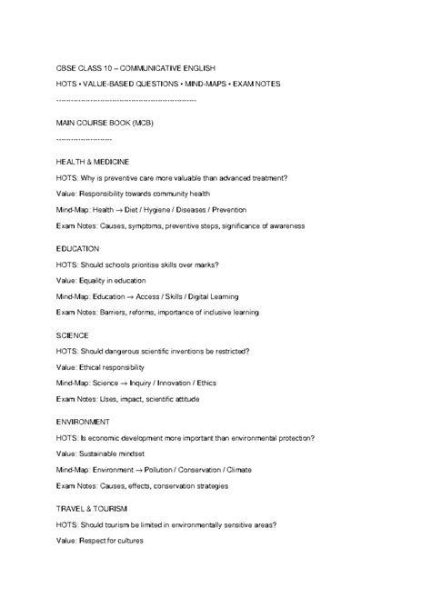 CBSE CLASS 10 HOTS Value Mindmaps Exam Notes Overview - Studocu