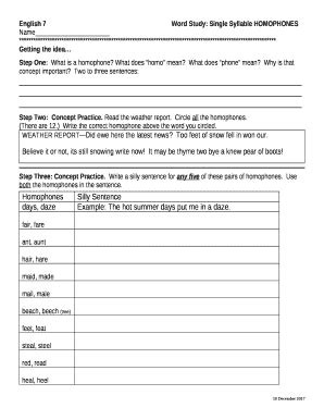 English 7Word Study: Single Syllable HOMOPHONES Name Doc Template ...