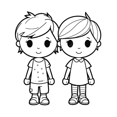 Two Kids Coloring Pages With A Boy And A Girl Outline Sketch Drawing ...