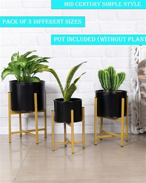 Mid Century Planters with Metal Stand (Set of 3) - Modern Decorative P ...