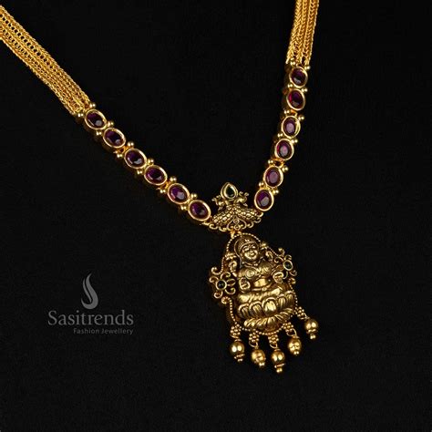 Matte Gold Temple Lakshmi Necklace Set with Golden Beads - Sasitrends
