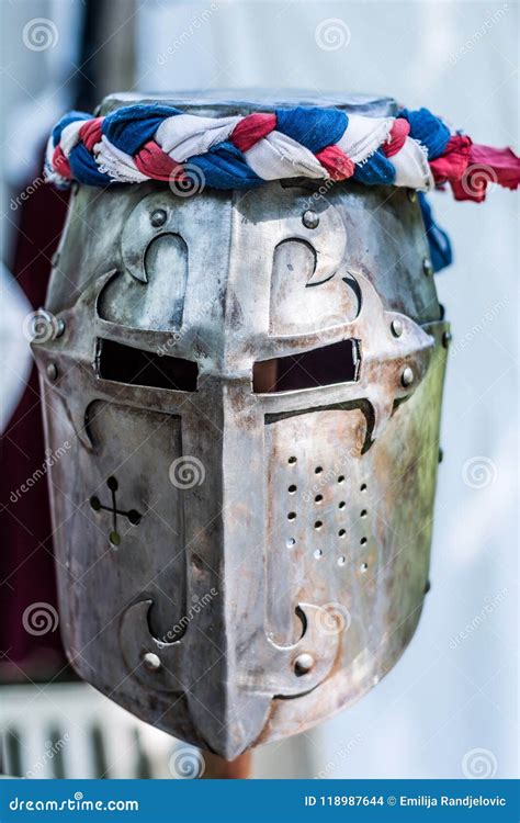 Antique Iron Medieval Knight Helmet on Wooden Stand - Middle Ages Armor ...