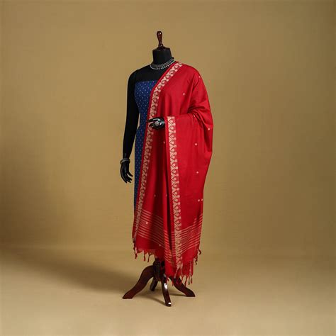 Red Cotton Buti Jacquard Dupatta with Thread Border