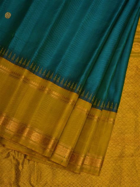 Teal and Yellow Gadwal Silk Handloom Saree with Buta and Border Design ...