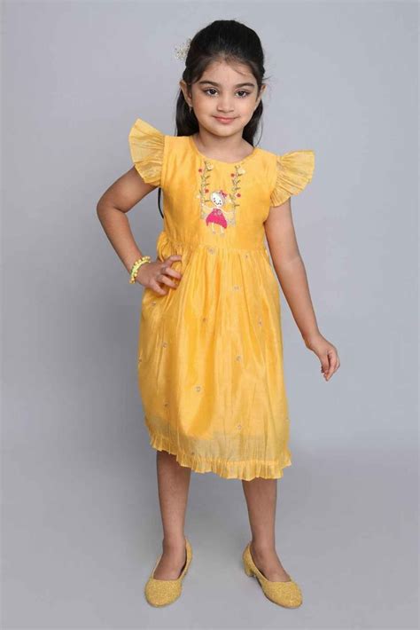 Mustard Frill Sleeves Chanderi Silk Frock With Zari Embroidery For Gir ...