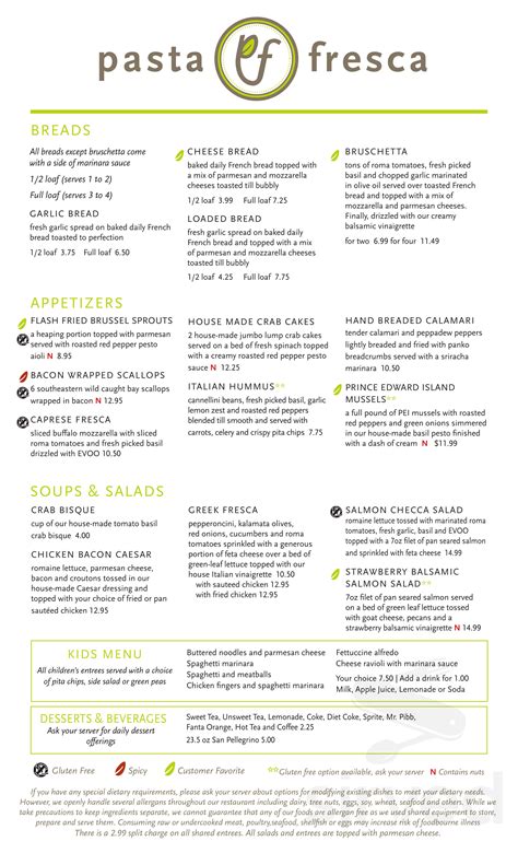 Pasta Fresca menu in Columbia, South Carolina, USA