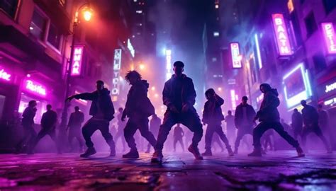 Digital art, wide angle, ambient haze street performer, neon signs, evening crowd, moody vibes 的图像结果