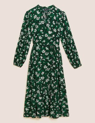 Floral Tie Neck Belted Midi Tiered Dress