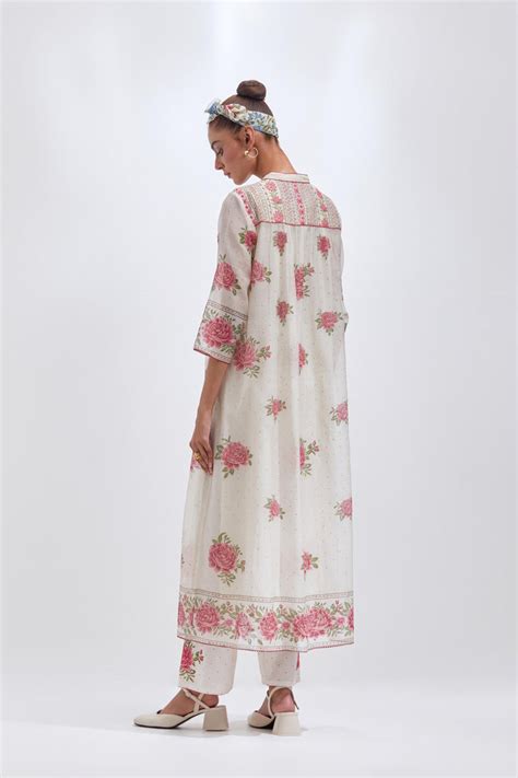 Off white cotton chanderi Kurta dress set with all-over pink & green f ...