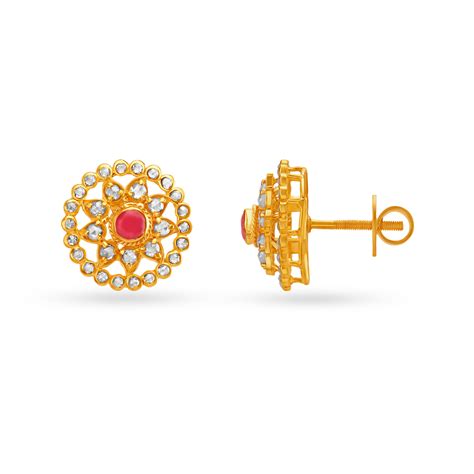 Ruby Studded Sunflower Gold Stud Earrings