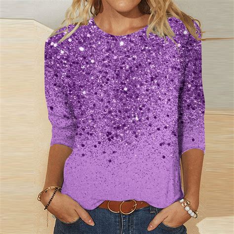 Fznquz Purple Tops Womens Sparkly Sequin 3/4 Sleeve T-Shirt Fashion ...