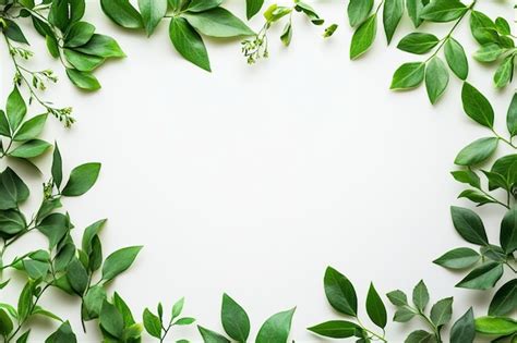 Um quadro de folhas verdes com um fundo branco com um lugar para o ...
