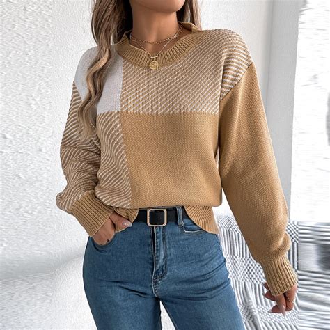Amidoa Pullover Womens Sweaters Yellow Striped Long Sleeve Plaid ...
