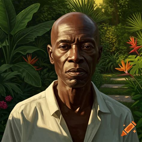 A painted portrait of a bald, older Black man in a white shirt ...