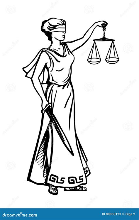 Illustration of Lady Justice Holding Scales and Sword and Wearing a Blindfold in a Vintage ...