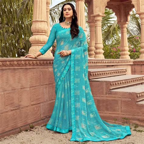Sky Blue Floral Printed Chiffon Saree