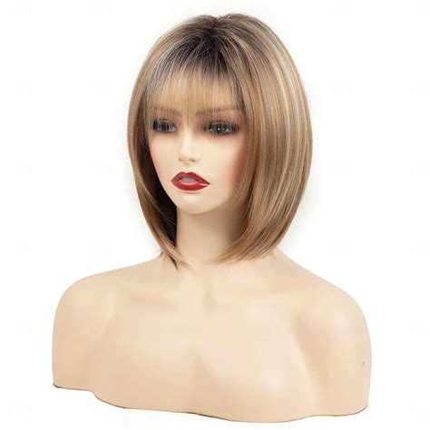 Blonde Highlight Short Pixie Bob Wig with Bangs Straight Ombre Blonde ...