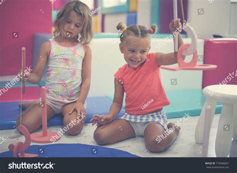 Two Little Girls Playground Caucasian Girls Foto Stok 710306821 ...