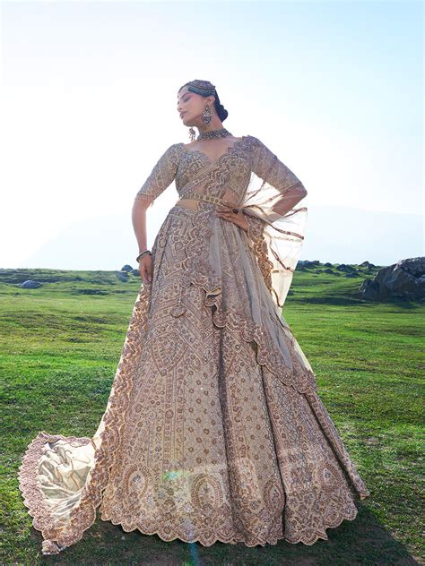 Ivory Silk Lehenga Choli With Scalloped Embroidered 4-Side Border, Net ...