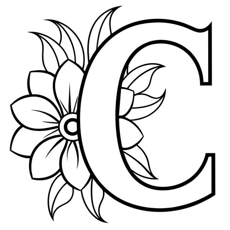 Alphabet C coloring page with the flower, C letter digital outline ...