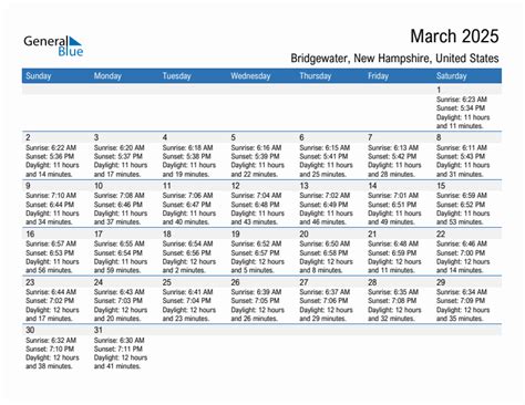 March 2025 Sunrise and Sunset Calendar for Bridgewater (PDF, Excel, Word)